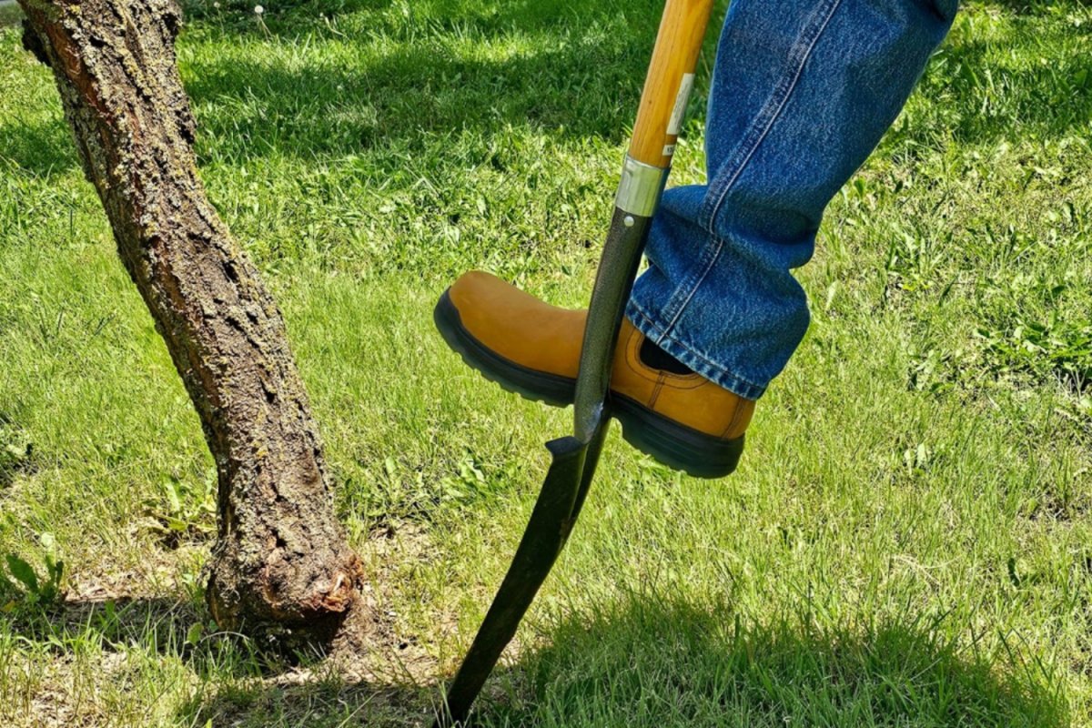 Person in Ariat turbo chelsea work boots stepping on shovel blade on grass