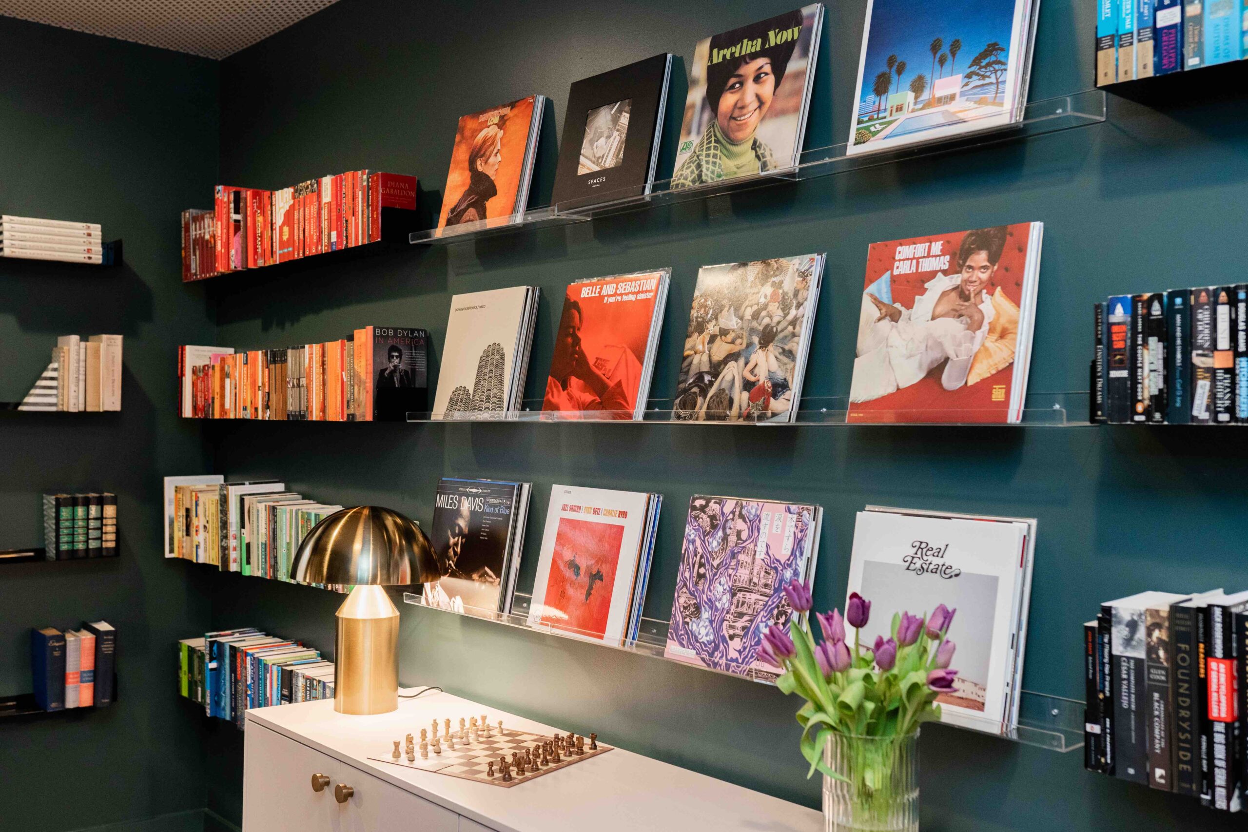 Room with records on the wall