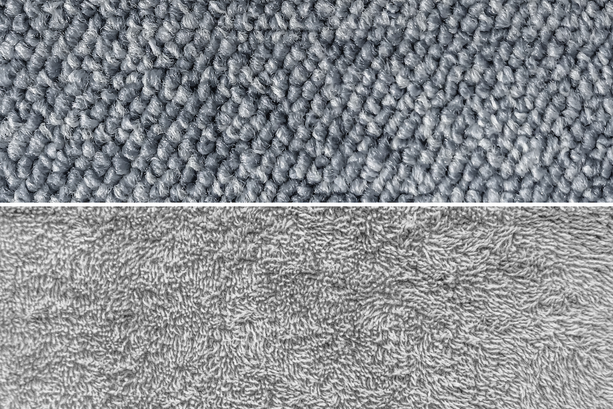 A close-up of dark grey loop pile carpet is above a close-up of light grey cut pile carpet.