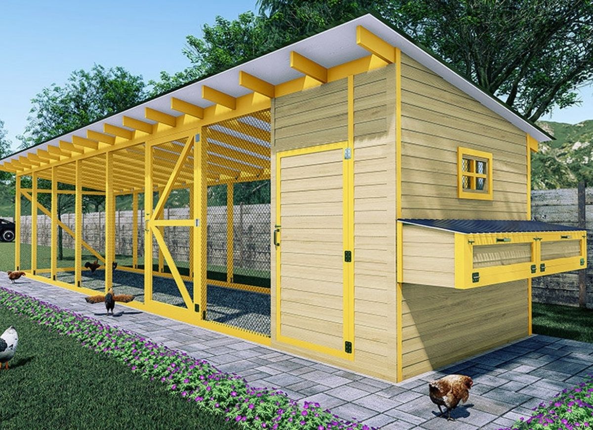 Large and airy yellow chicken coop with chicken run.