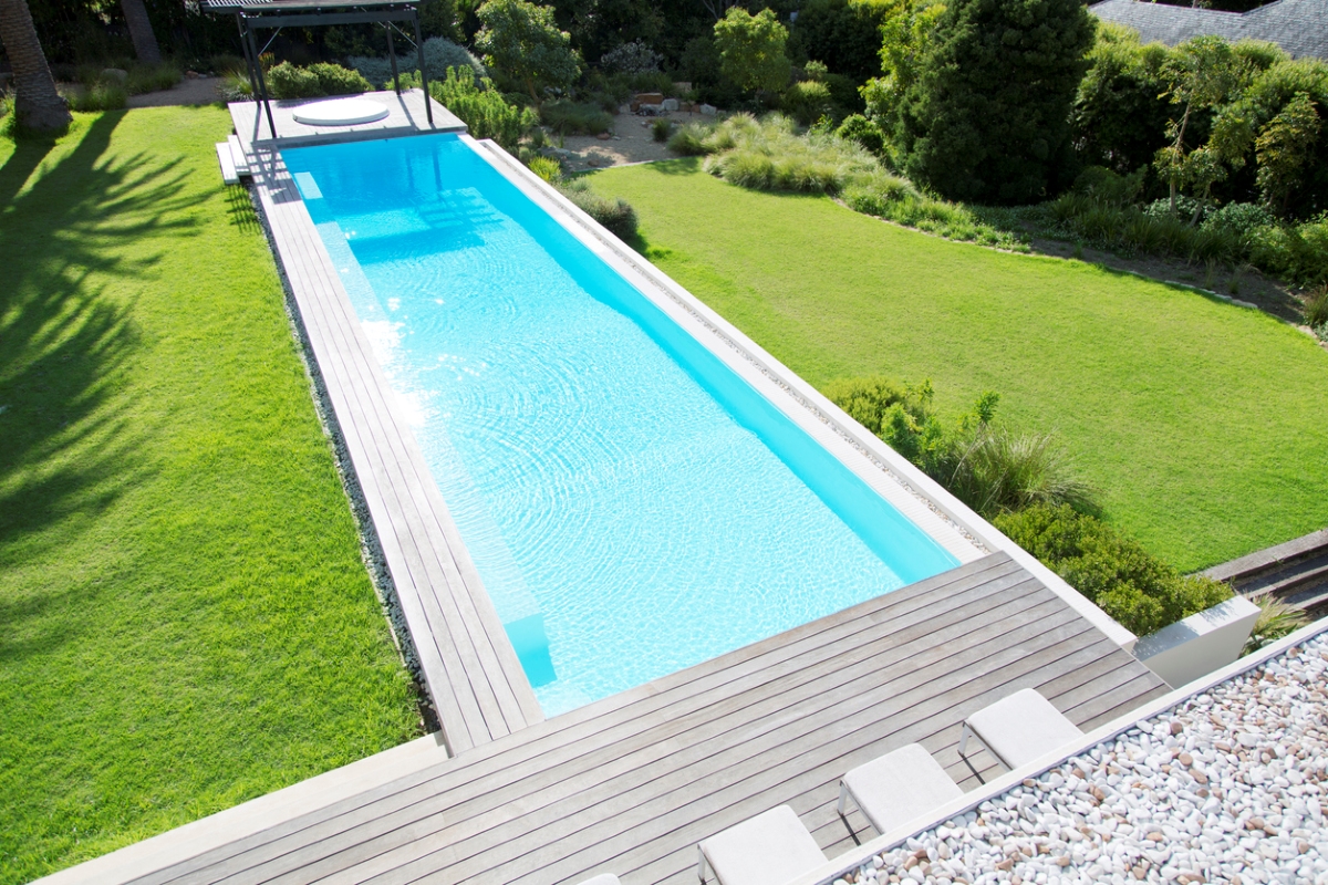 View of long and narrow lap pool.