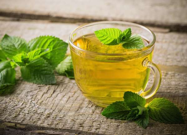 Clear mug of mint tea with mint leaf on top