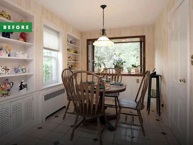 A breakfast nook with traditional decor and furnishings.