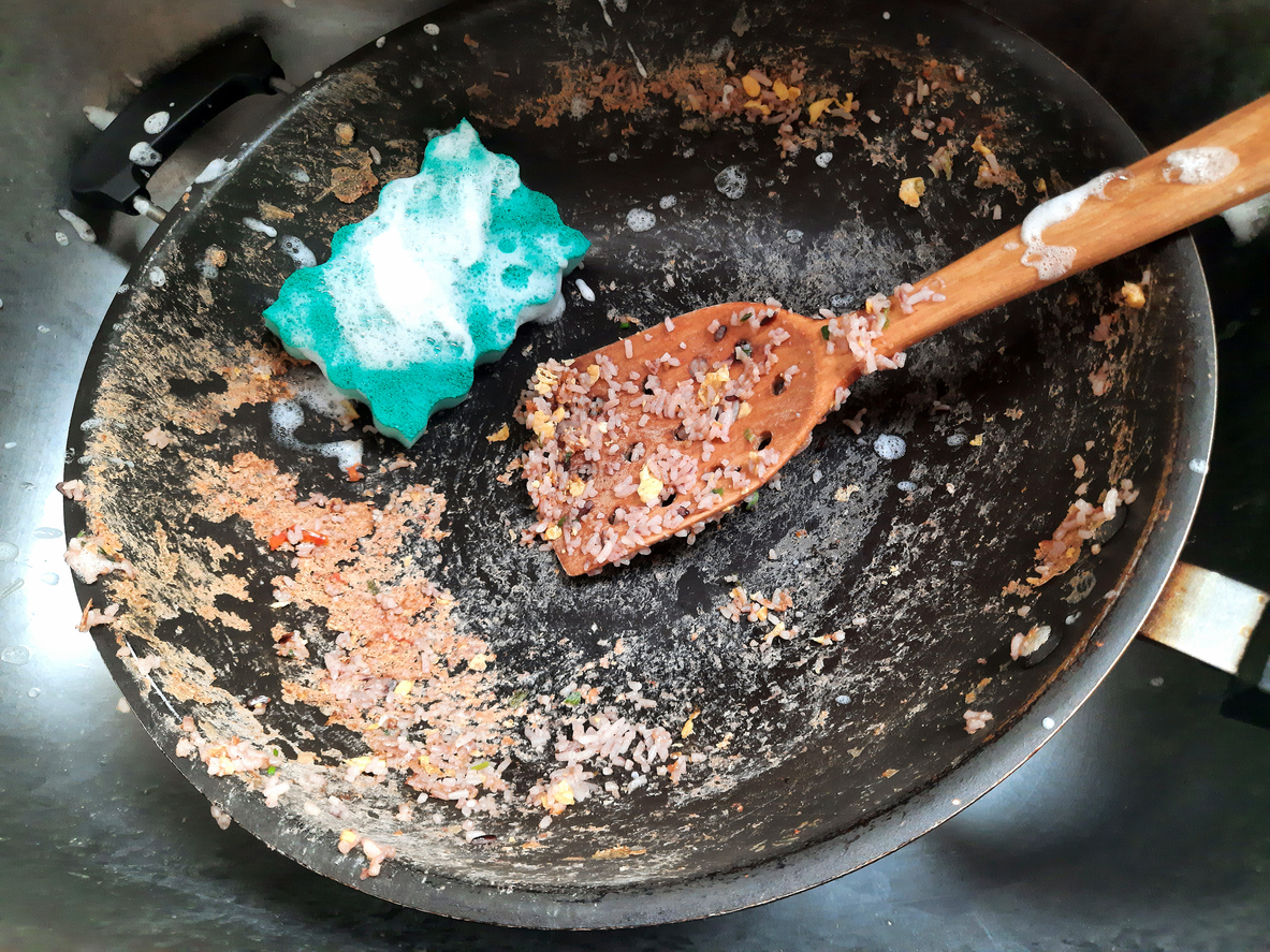 Dirty Ladle and cooking pan - after food preparation.