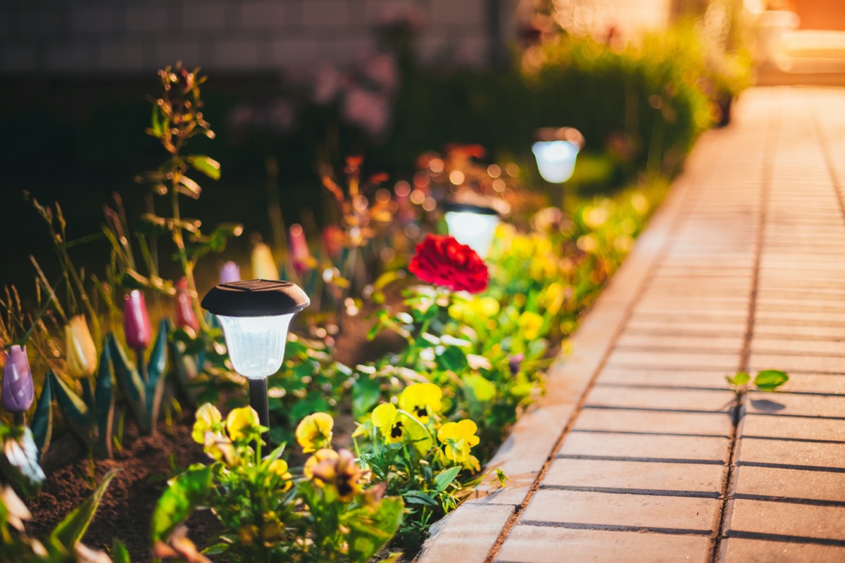 A brick walkway lined with outdoor lights and brights flowers.