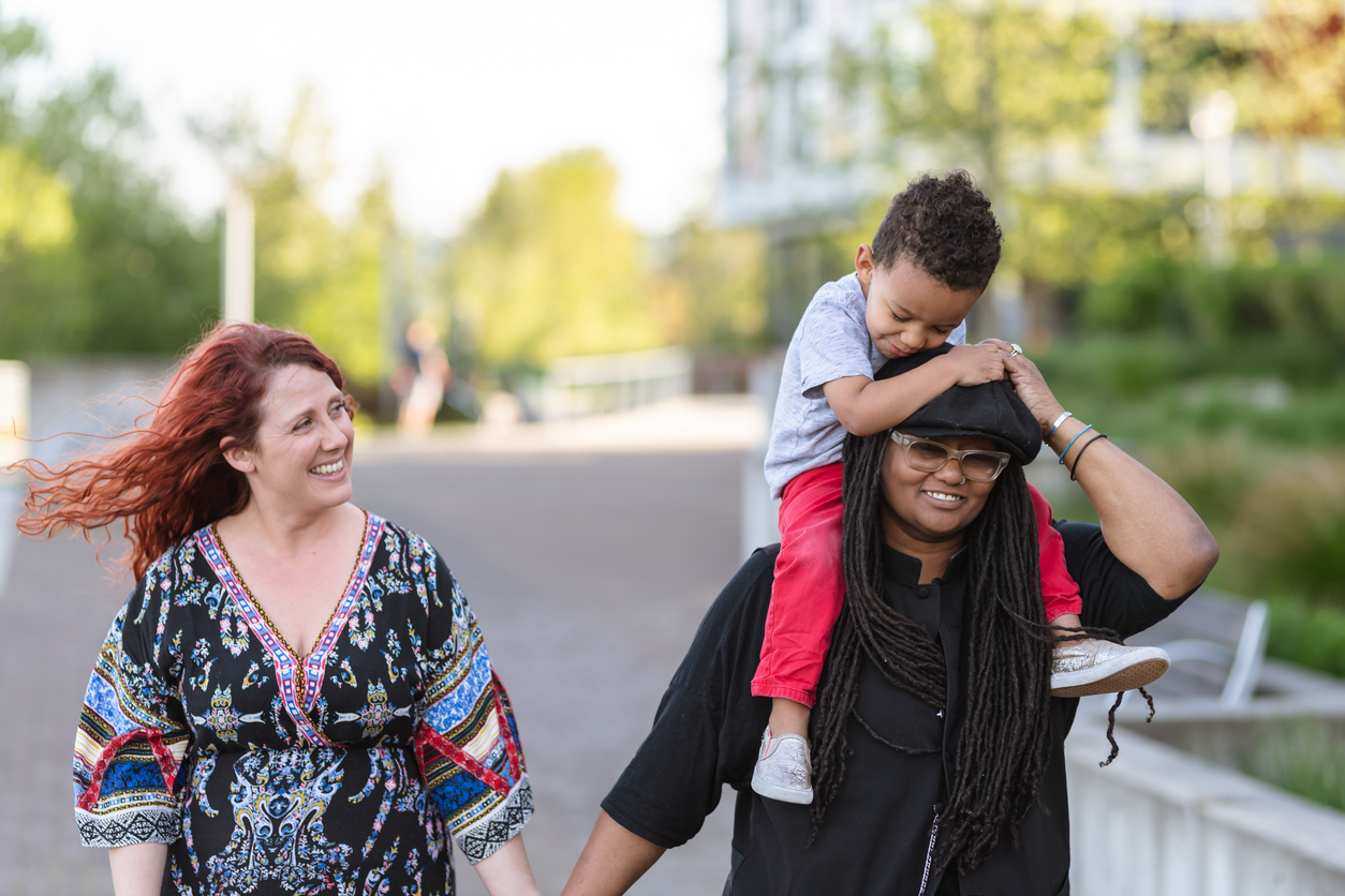 Female couple walking with their son