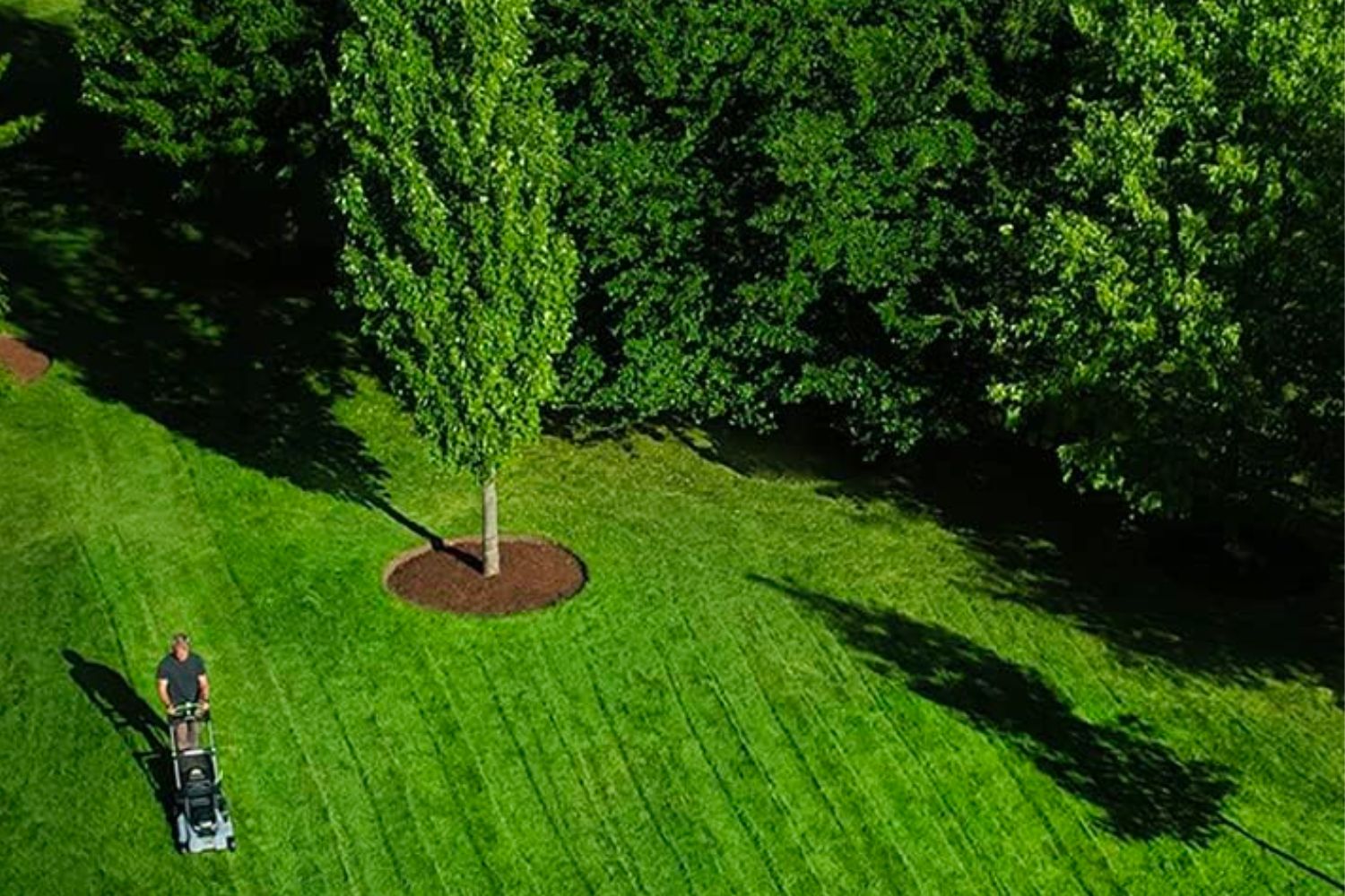 Une vue aérienne lointaine d'une grande pelouse tondue par la meilleure option de tondeuse à gazon autopropulsée