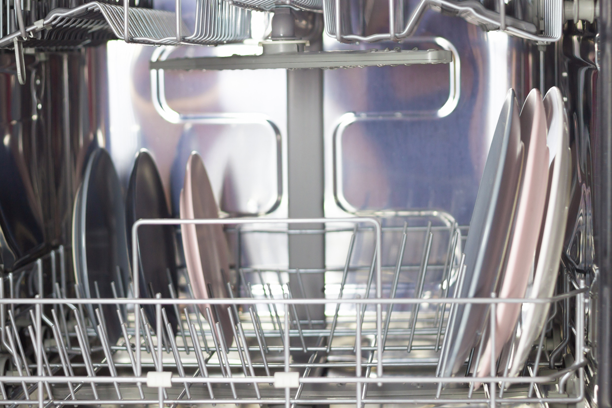 vue rapprochée du panier inférieur du lave-vaisselle avec des assiettes de chaque côté