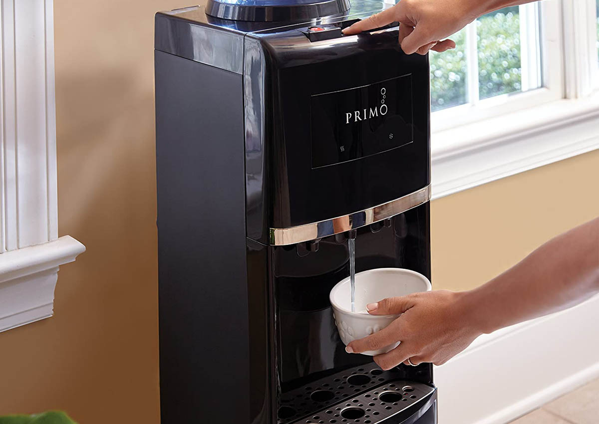 A person using the best water cooler option to fill a dog bowl with water