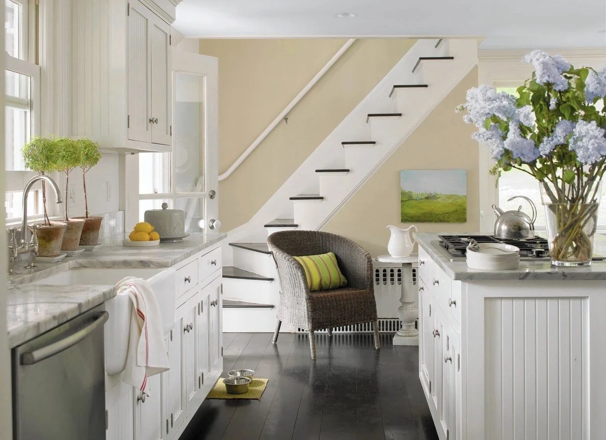 View of stairs from kitchen.