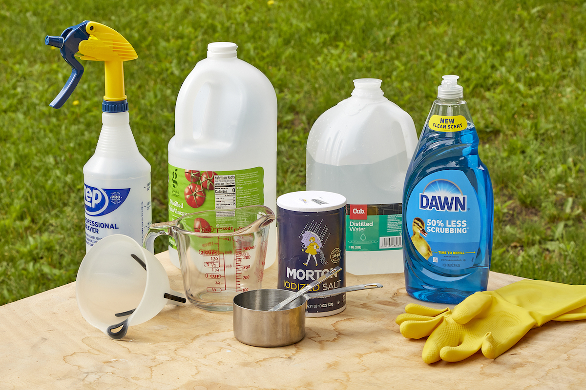 Ingredients for making homemade weed killer, including vinegar and dish soap.