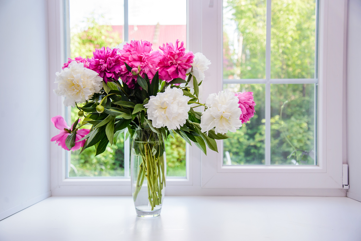 bright pink bouquet of flowers in glass vase in front of window