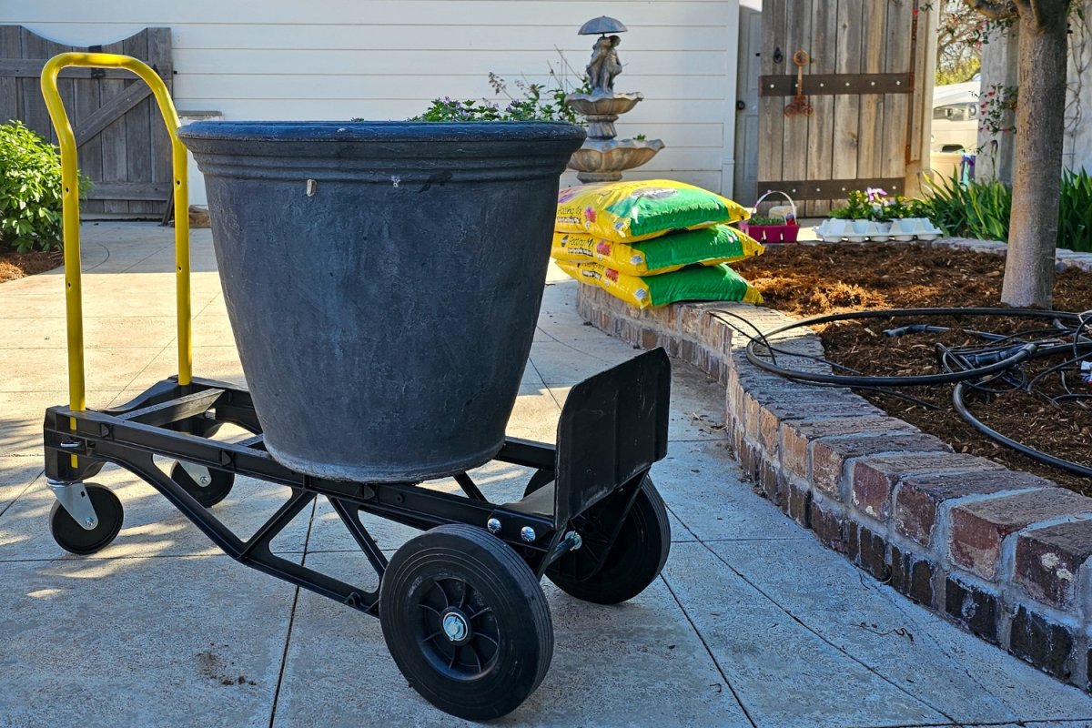 The Harper Convertible Hand Truck in use moving a huge pot during testing.