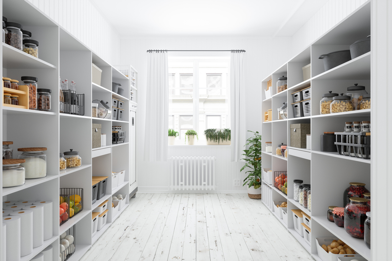 Storage Room With Organised Pantry Items, Non-perishable Food Staples, Preserved Foods, Healty Eatings, Fruits And Vegetables.