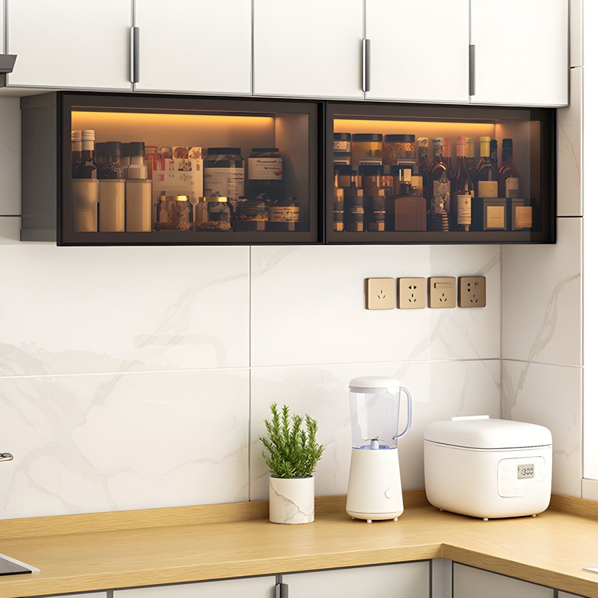 Small kitchen with glass cabinets.