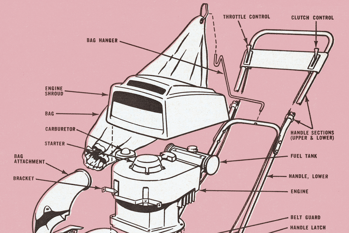 An illustrated diagram of the top half of a lawn mower is labeled, with a pink background behind it.