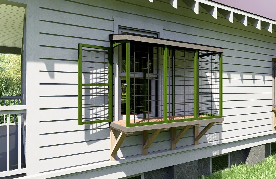 A 3D-rendered green window catio with a door is mounted on the exterior of a digital house.