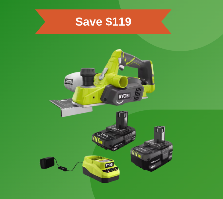 Ryobi planer and battery on geren background