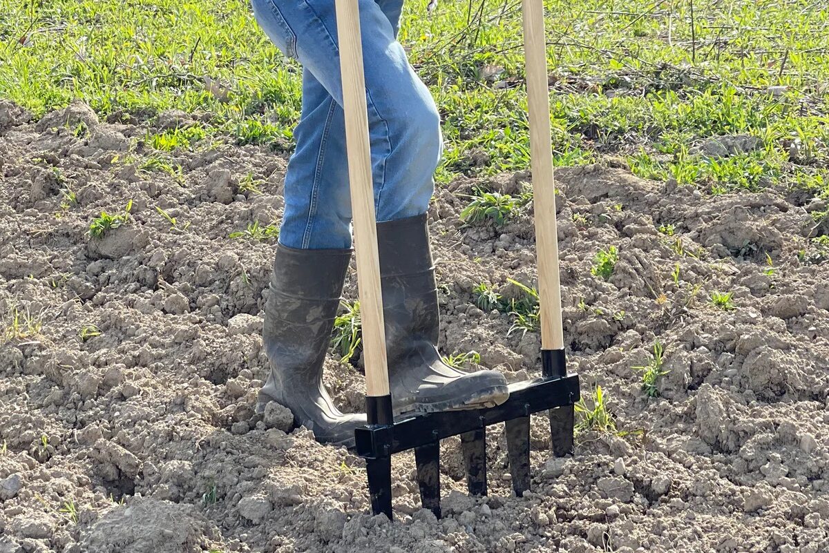 Comment labourer un jardin sans motoculteur - une personne utilise une fourche à larges branches dans le sol