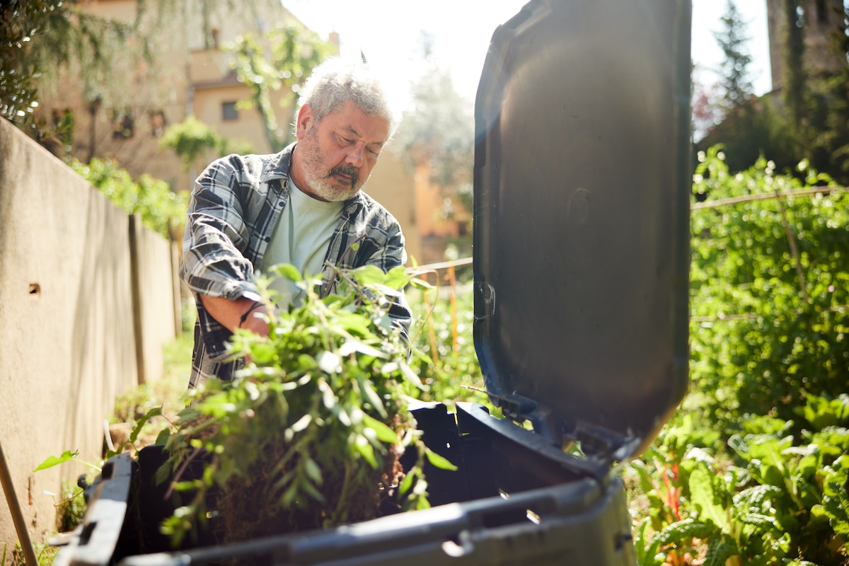 A mature man dumps composting materials into a bin. 