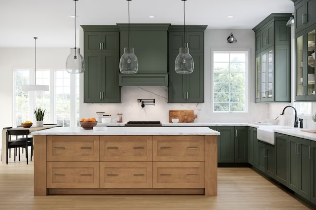 Honey colored mission style cabinets on kitchen island