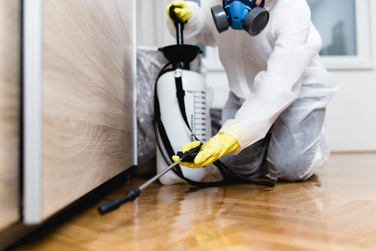 A-person-wears-protective-gear-and-a-respirator-mask-to-spray-pesticide-in-a-home.