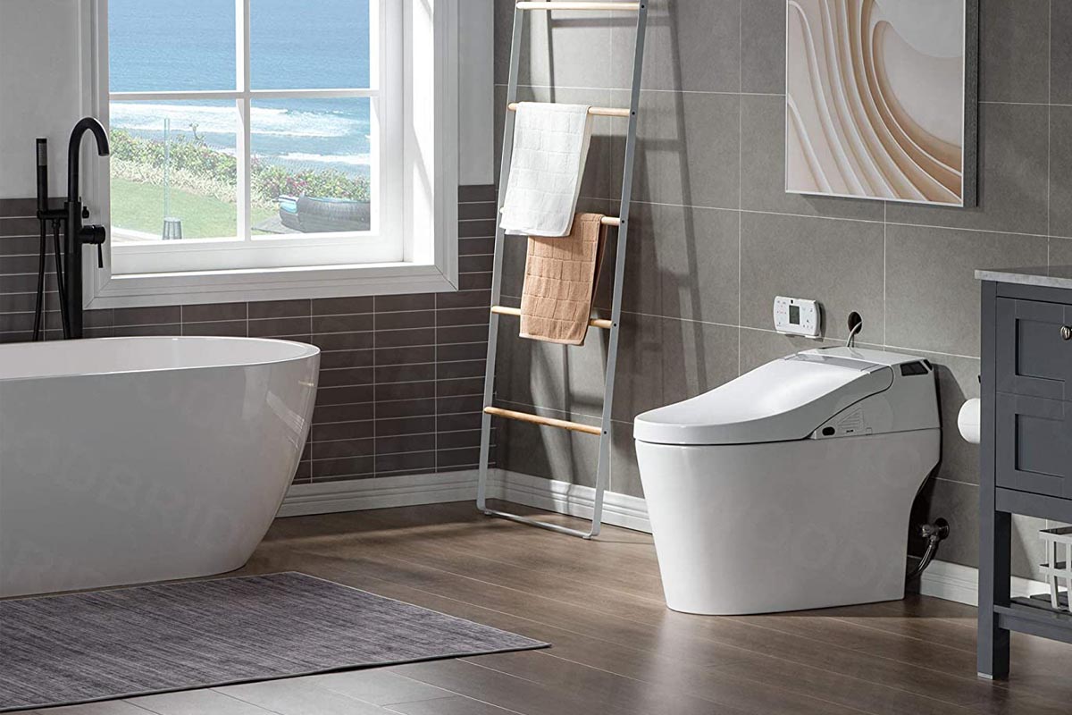 A toilet installed in a modern residential bathroom