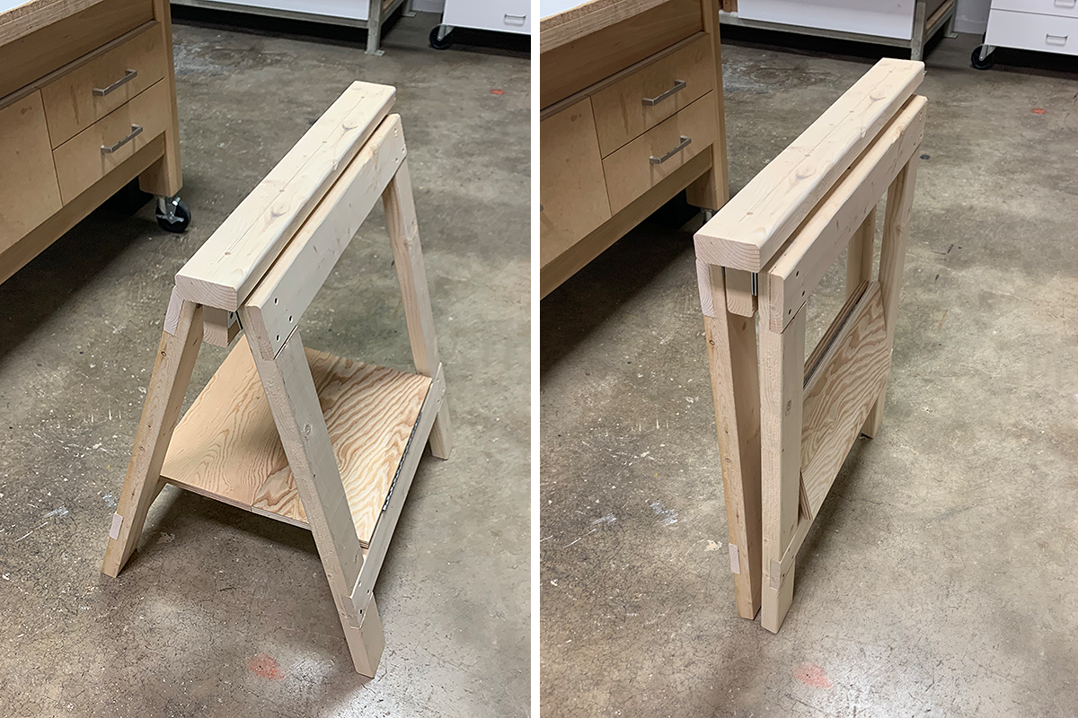 Bob Vila's downloadable sawhorses standing up and folded.