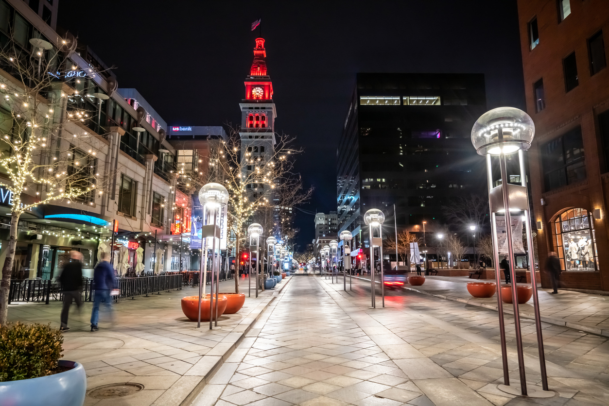 view of street at night in Denver