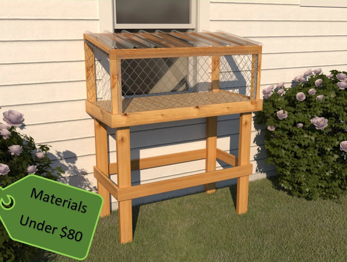 A 3D-rendered window catio standing on four legs made of reinforced wood boards.