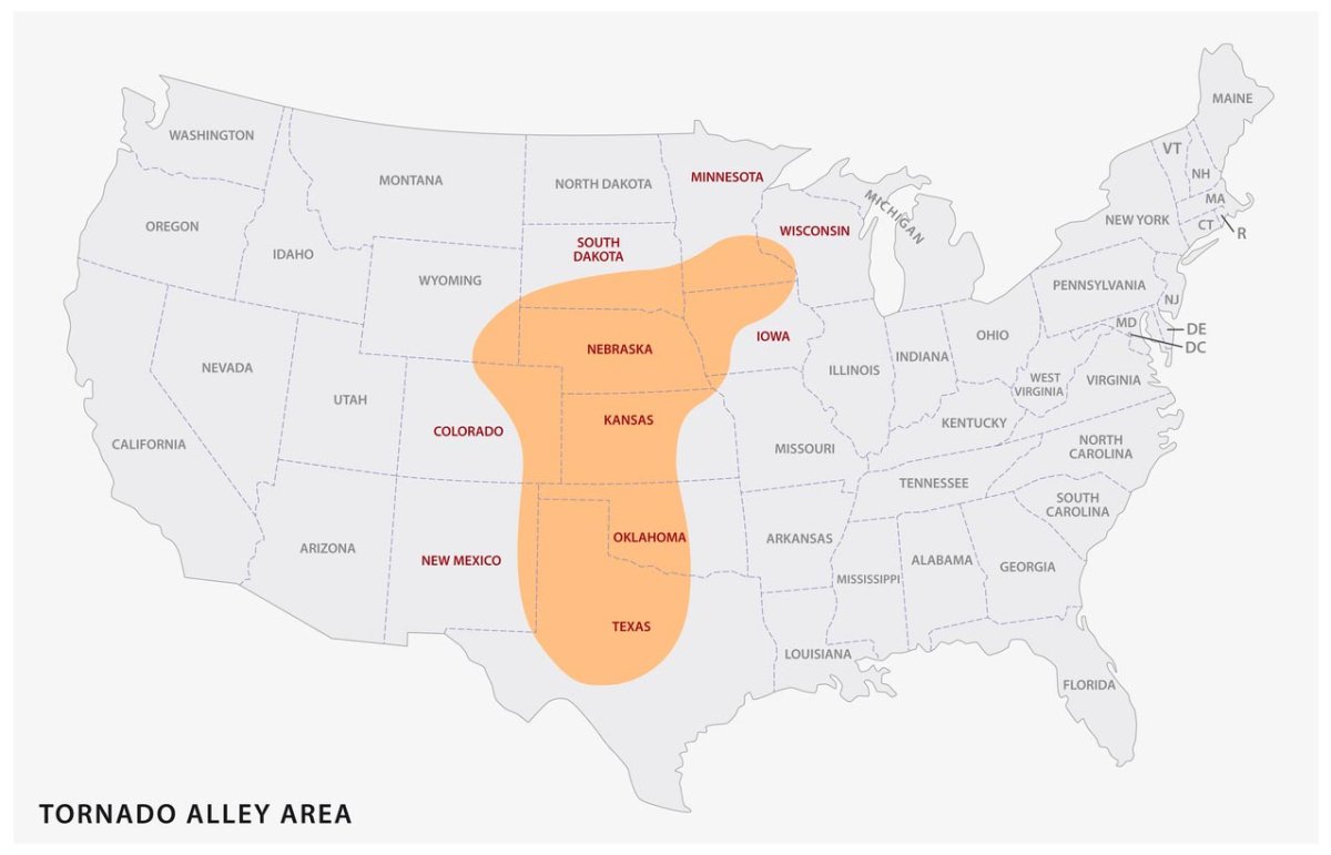 Une carte de Tornado Alley.