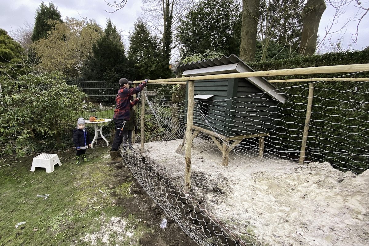 Man in a red shirt builds a fence surrounding a chicken coop.