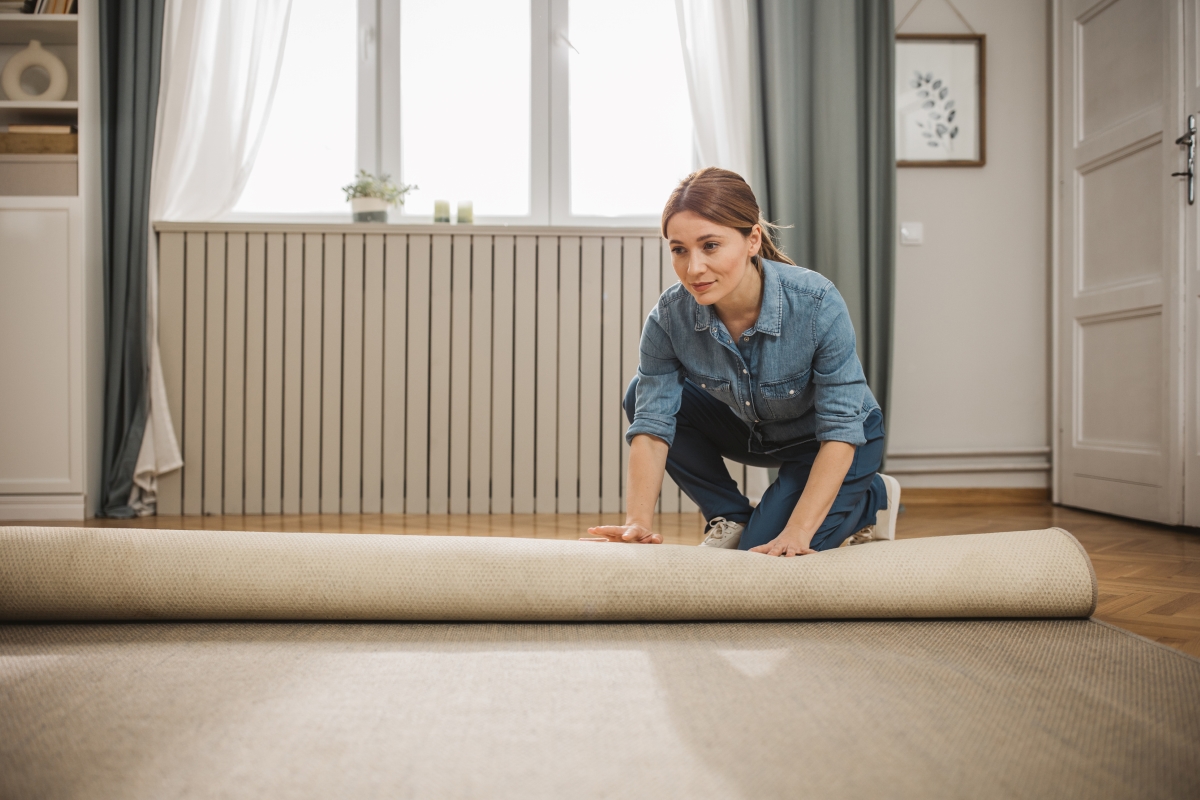 A woman is unrolling a rug on her hardwood floor.