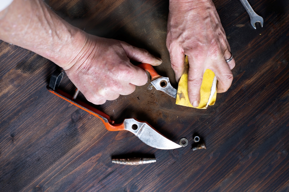 Hands cleaning and assembling garden scissors.