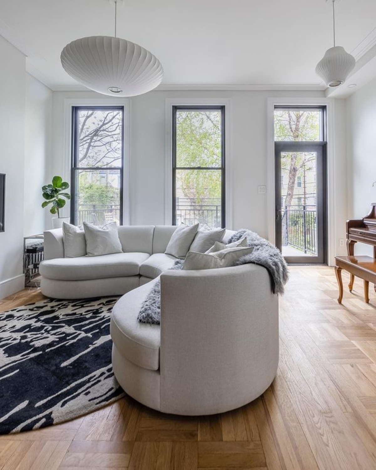 Living room with gray couch.