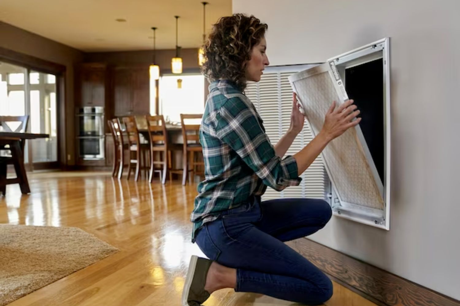 A person kneeling down to remove a wall panel and replace a filter/