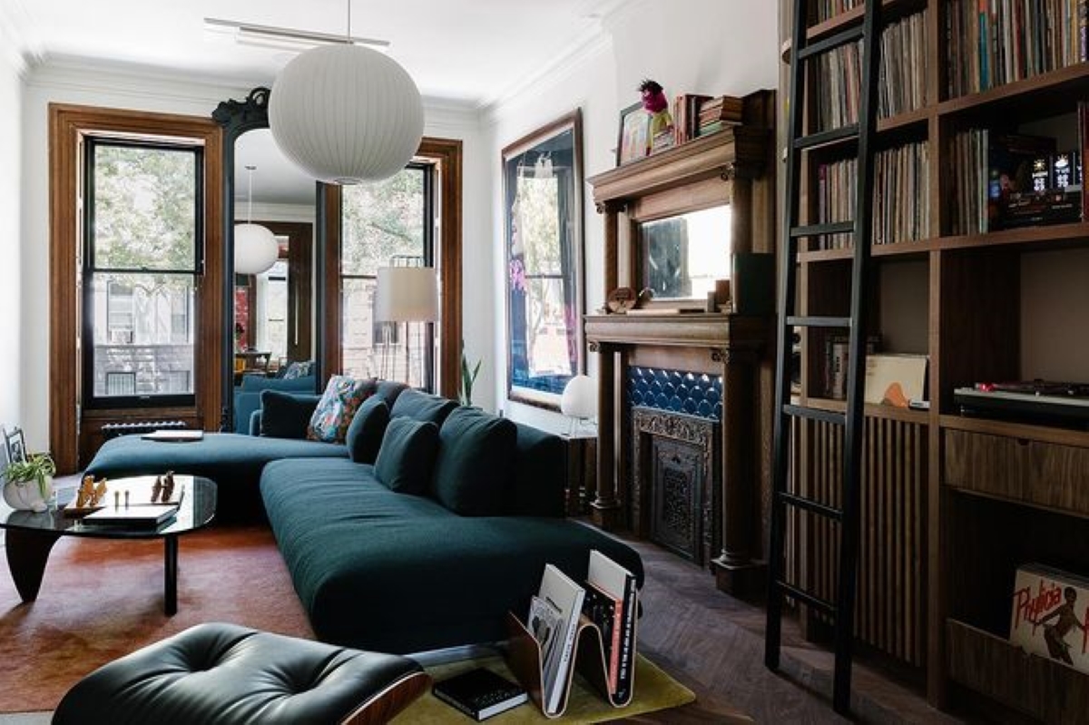 Living room with wall of records.