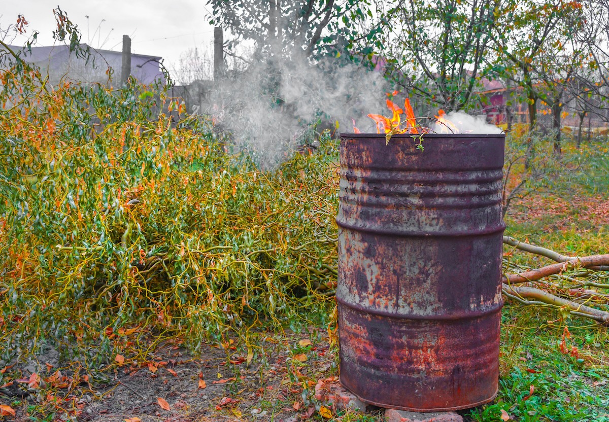 Burning Autumn leaves and branches in a metal burn barrel.