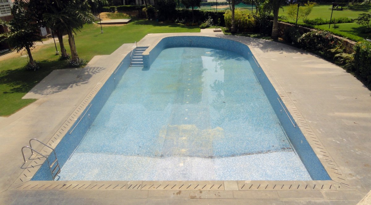 An aerial view of a beautiful pool.