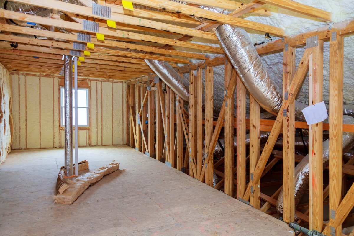 A view of a second story of a house under construction.