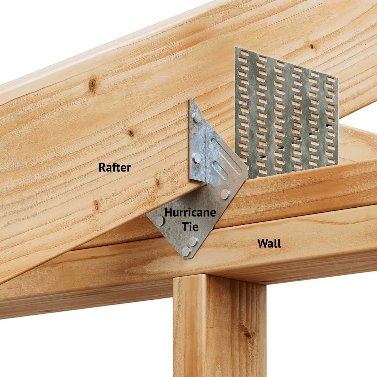 Cutaway showing a roof rafter attached to an exterior wall with hurricane ties.