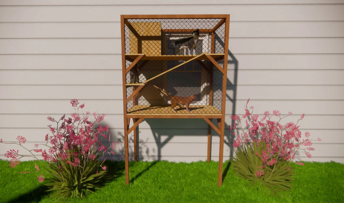 3D-rendered cats occupy both tiers of a freestanding window catio in front of a computer-generated house.