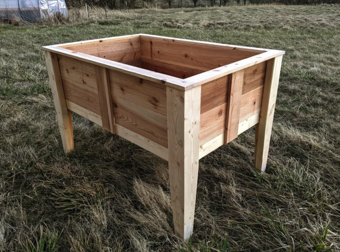 grande jardinière en bois avec de hauts pieds surélevés dans un champ qui vient d'être construit