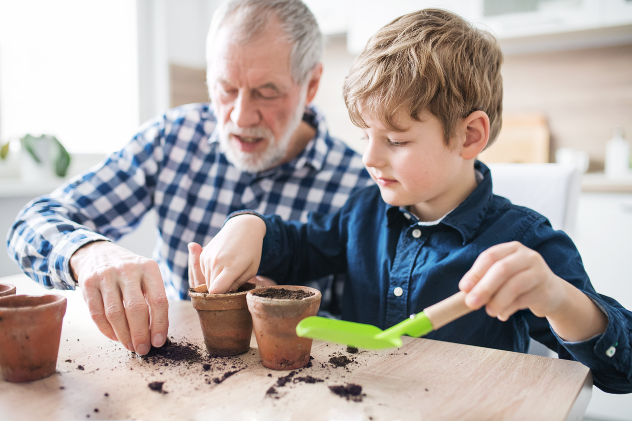 iStock-1028264082 projets à faire en février : un homme âgé et un garçon plantent des graines à l'intérieur dans de petits pots en argile