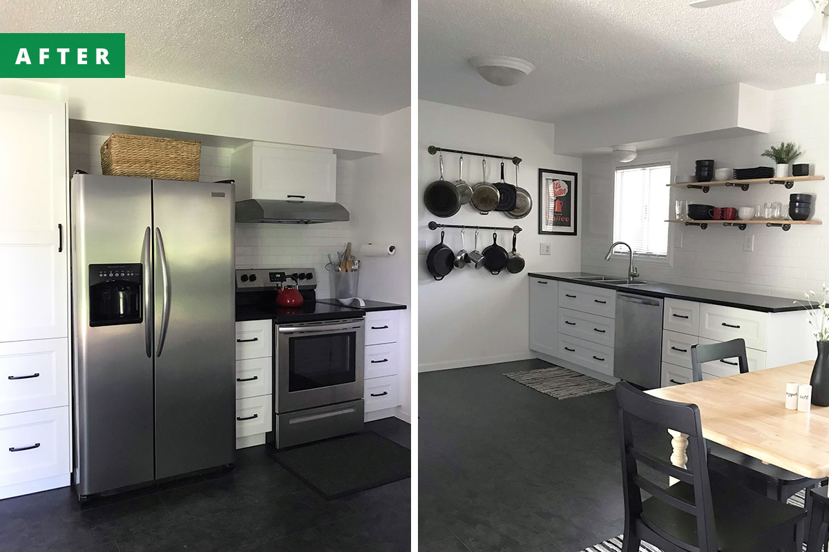 A white kitchen with open shelving instead of upper cabinets is labeled After.