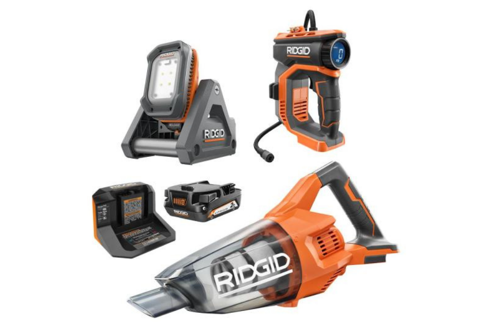 RIGID 18V Cordless 3-Tool Combo Kit with Flood Light, Digital Inflator, Hand Vacuum