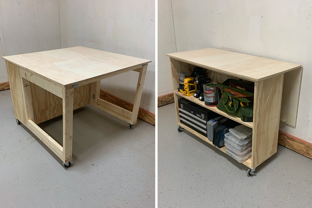 Un établi bricolé avec un plan de travail pliable et des roulettes, ainsi qu'une armoire ouverte dans un garage propre.