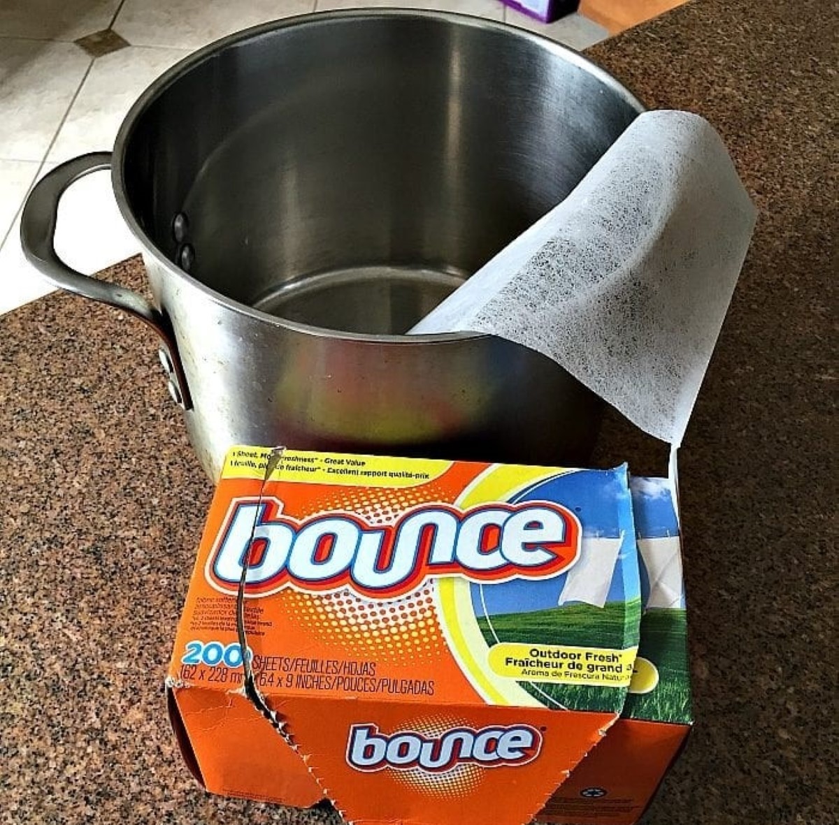 Dryer sheet inside kitchen pot