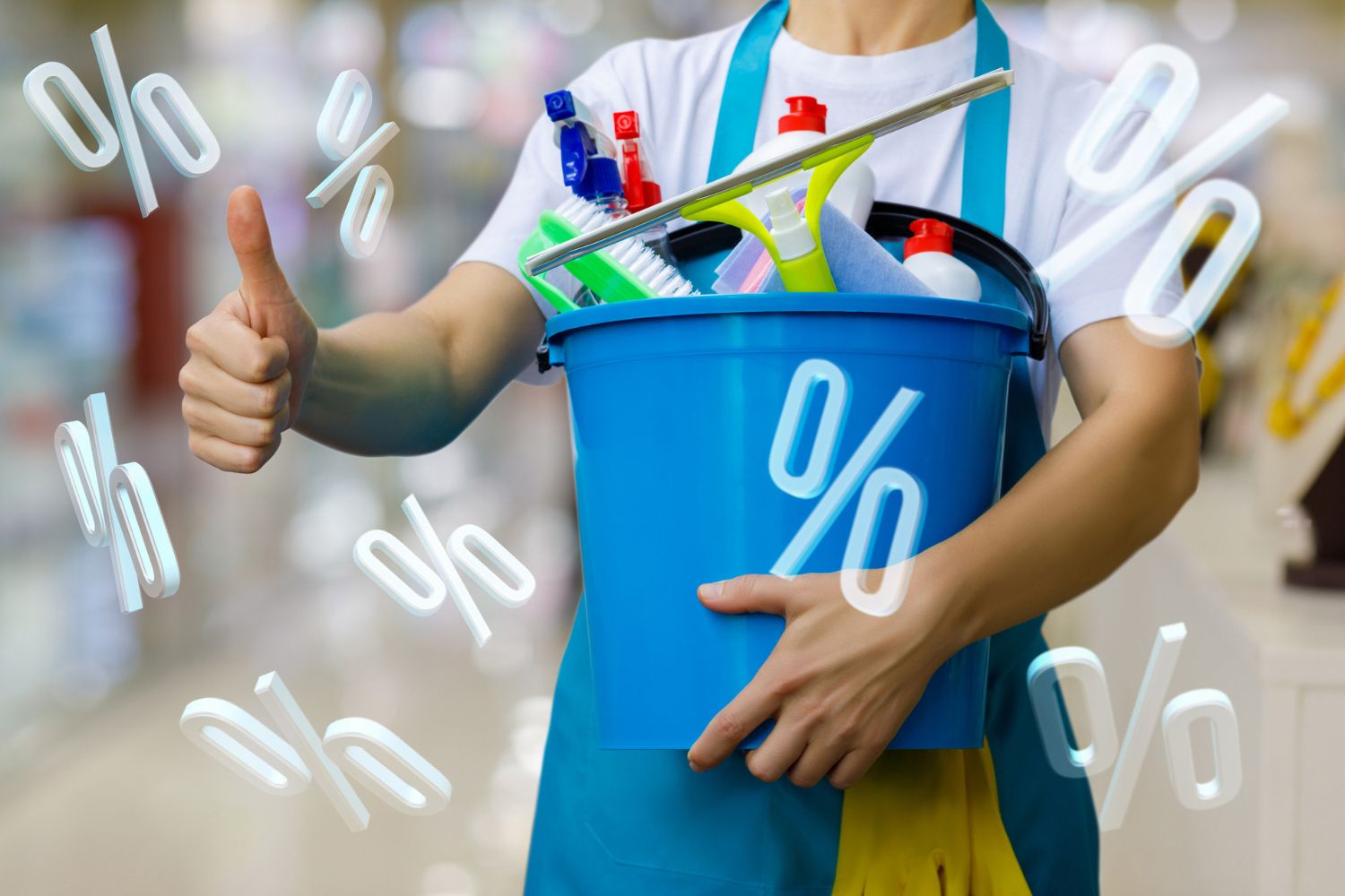 Cleaning Lady with a Bucket and Cleaning Products