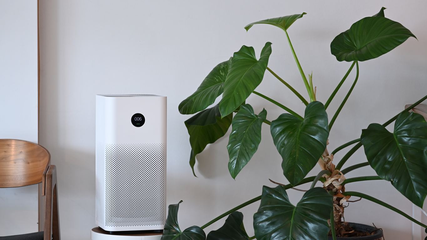 Un purificateur d'air posé sur un support à côté d'une plante d'intérieur contre un mur blanc.